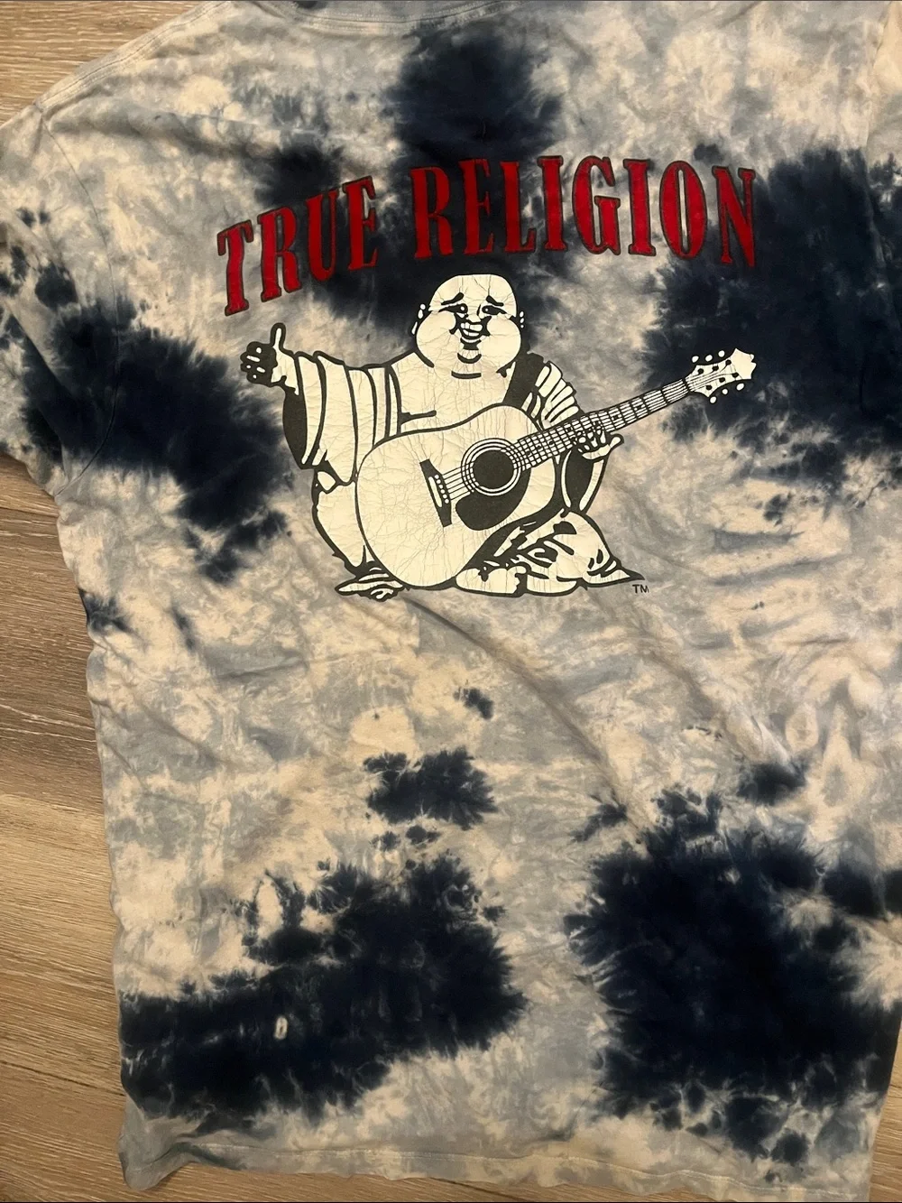 True Religion Navy and White Tie-Dye Tee with Red Logo, size Large